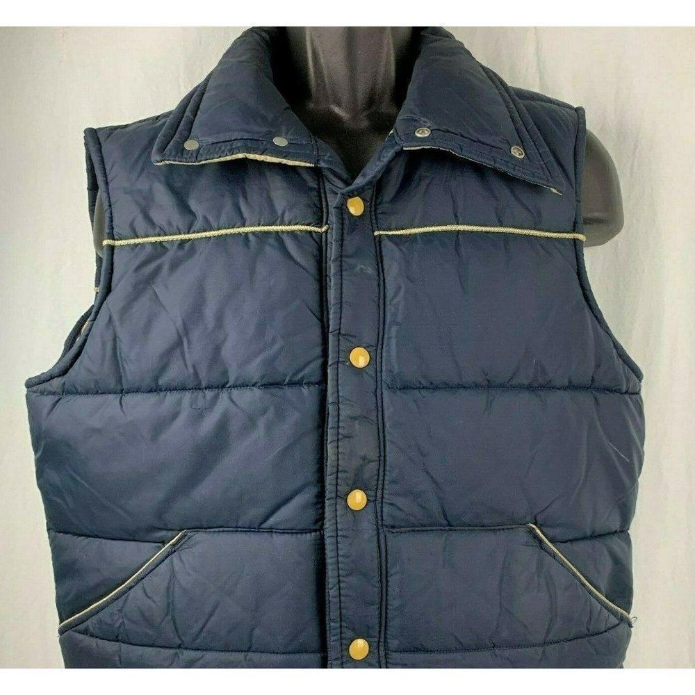 Vintage David Peyser Puffer Vest L Blue Snap Front Quilted Pockets Snow Parka